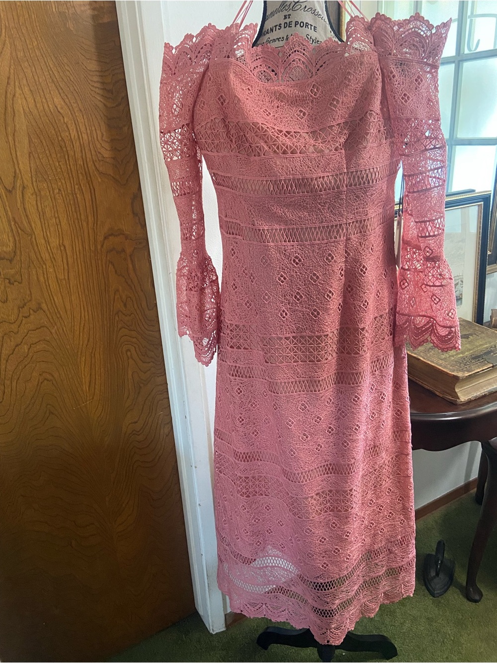 AMUR Dusty Rose Off-Shoulder Lace Midi Dress